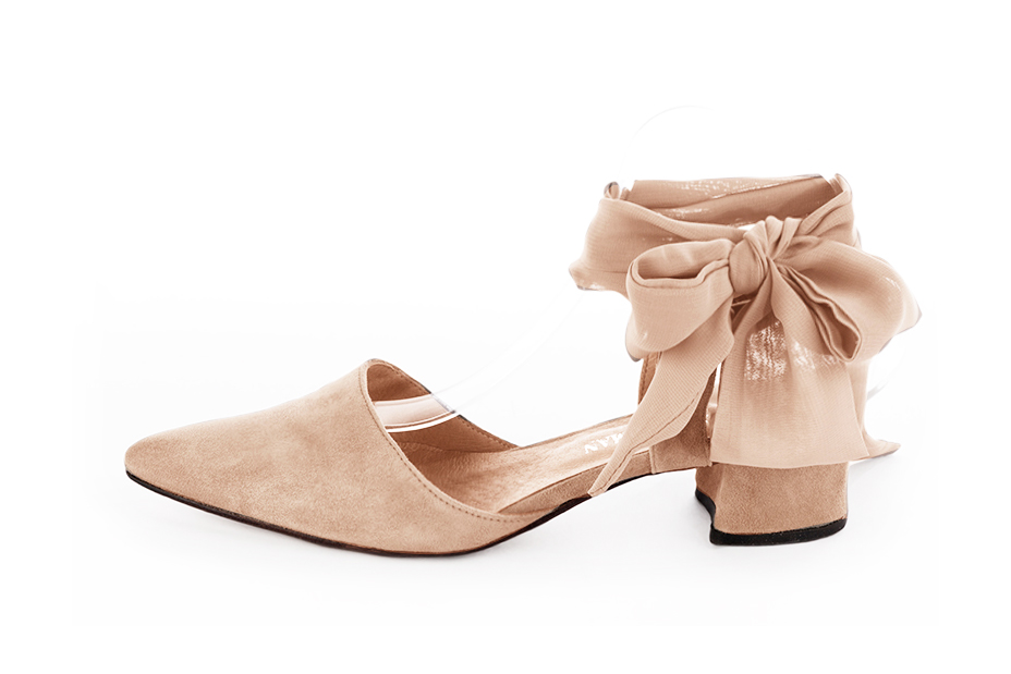 Powder pink women's open back shoes, with an ankle scarf. Tapered toe. Low flare heels. Profile view - Florence KOOIJMAN